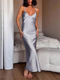 Aurohaya Elegant V-neck Suspender Satin Maxi Dress Gray