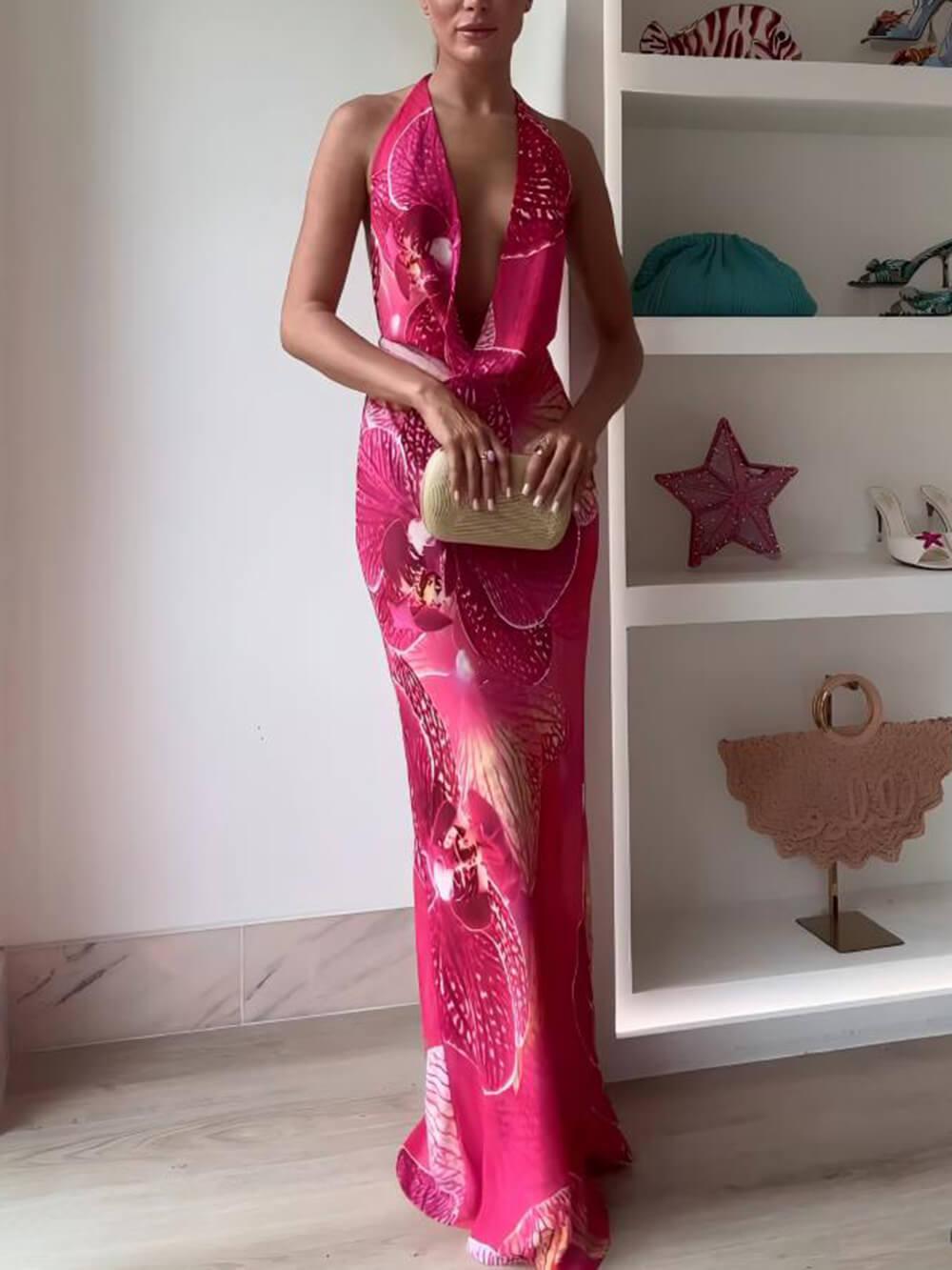 Aurohaya Striking & Seductive: Printed Halter Backless Maxi Dress
