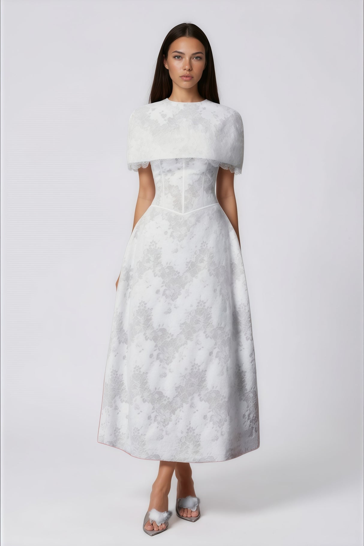 Aurohaya Zohar White Floral Lace Midi Dress with Cape