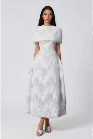 Aurohaya Zohar White Floral Lace Midi Dress with Cape