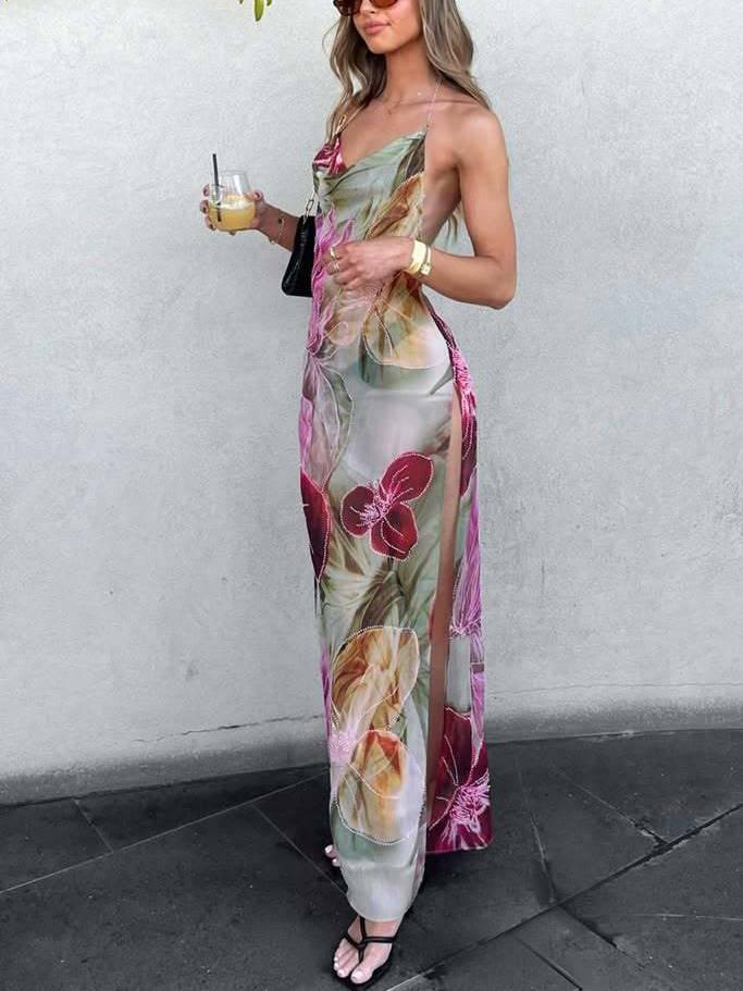 Aurohaya Halter Neck Backless High Slit Printed Dress