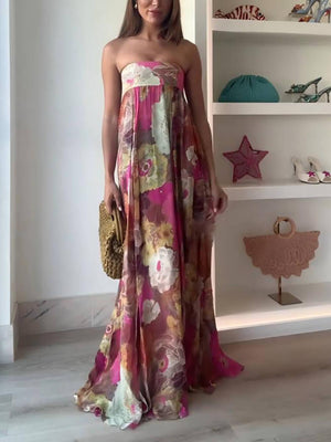 Aurohaya Ethnic Floral Print Off Shoulder A-line Maxi Dress Red