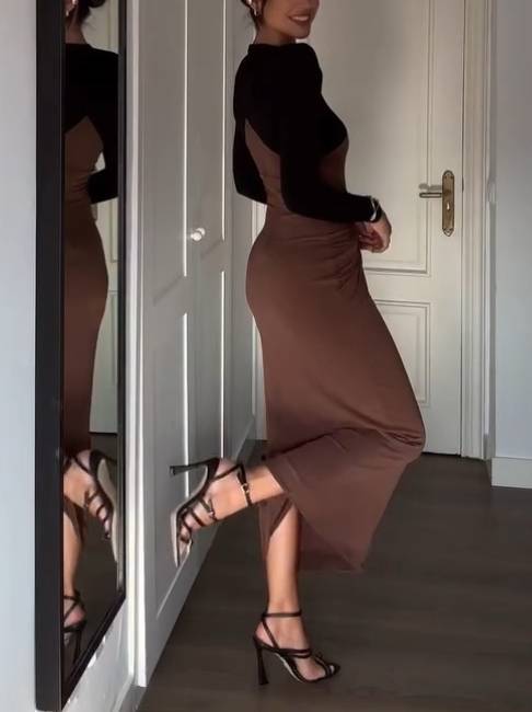 Minimalist Color Contrast Pleated Maxi Dress