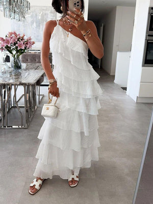 Aurohaya One-Shoulder Flowing Ruffle Dress