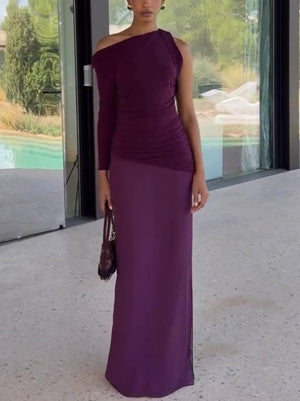 Aurohaya Single-sleeve Asymmetric Design Side Slit Maxi Dress