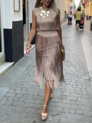 Aurohaya Elegant Sleeveless High Waist Slim Tassel Midi Dress