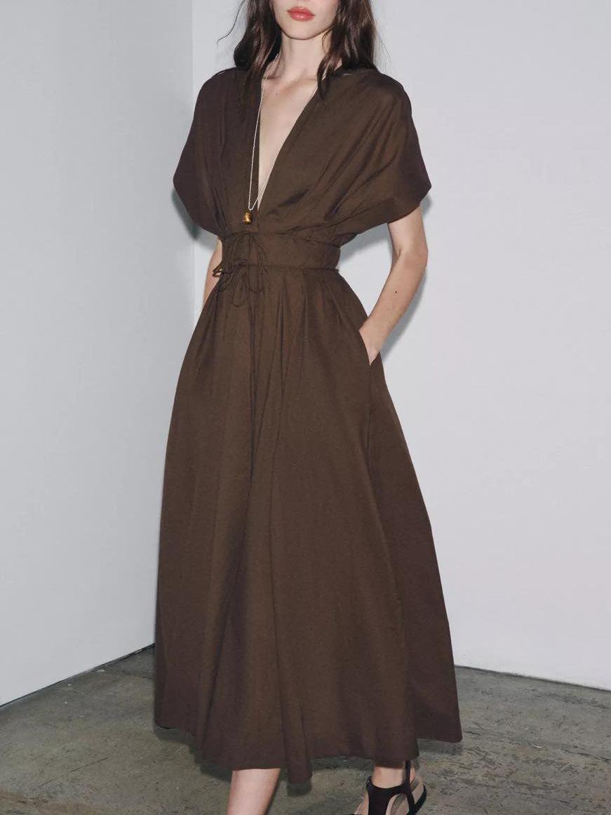 Aurohaya Elegant V-neck Drawstring Pleated Midi Dress Brown