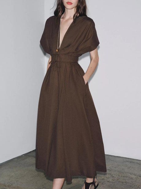 Aurohaya Elegant V-neck Drawstring Pleated Midi Dress Brown