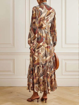 Aurohaya Exquisite Bohemian Print Belted Maxi Dress