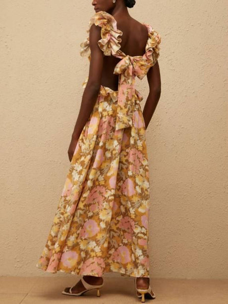 Aurohaya Floral Print Cross Backless Maxi Dress