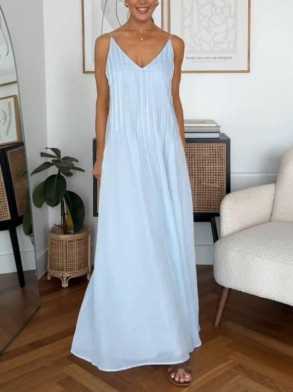 Aurohaya Holiday Style Pleated Sling Dress Light Blue