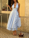Deep V-neck High Waist A- Line Double-layer Midi Dress