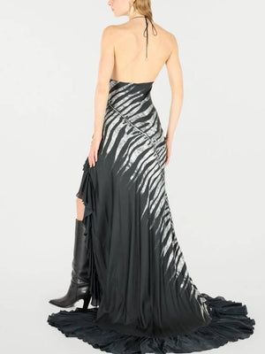 Aurohaya Zebra-Print Irregular Hem Sling Maxi Dress