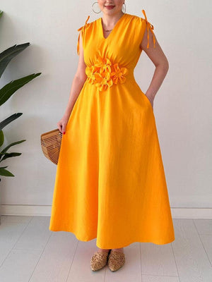 Aurohaya Exquisite V-neck Drawstring Floral Midi Dress Yellow