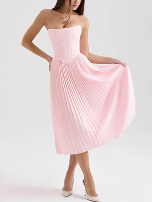 Aurohaya Elegant Strapless Pleated Midi Dress