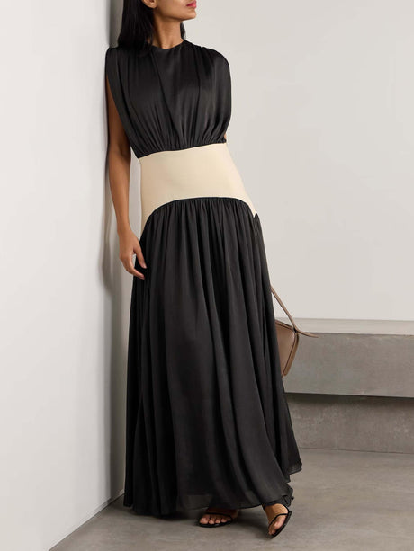 Aurohaya Elegant Wide Belted Pleated Sleeveless Maxi Dress