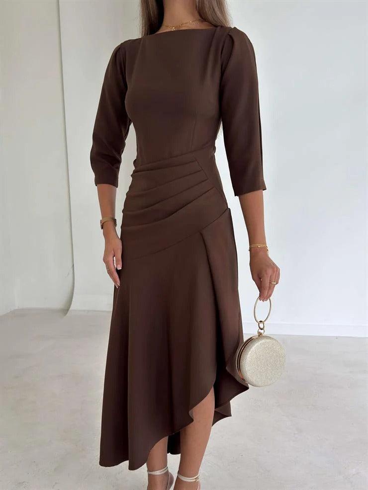 Aurohaya Exquisite Irregular Hem Pleated Midi Dress Brown