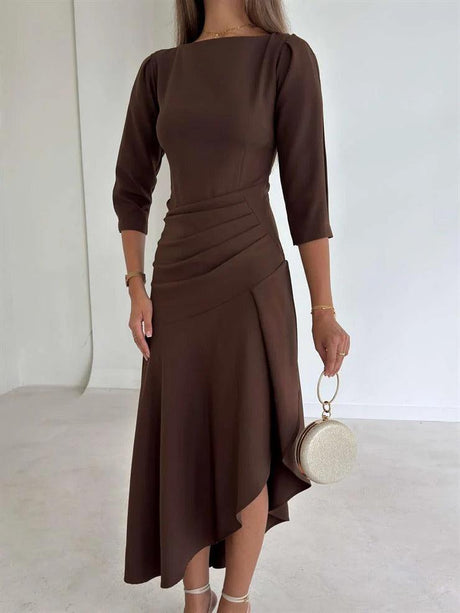 Aurohaya Exquisite Irregular Hem Pleated Midi Dress Brown