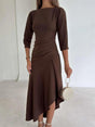 Aurohaya Exquisite Irregular Hem Pleated Midi Dress Brown