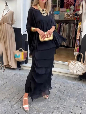 Aurohaya Elegant Layered Asymmetrical Ruffled Cape Maxi Dress Black