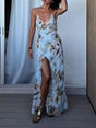 Aurohaya Sexy Abstract Floral Print V-Neck Slit Maxi Dress Multi