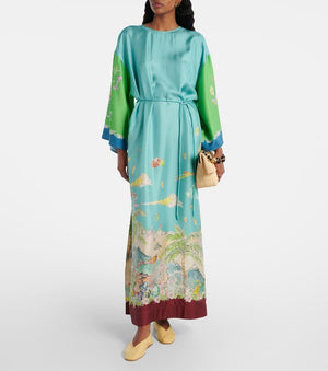 Aurohaya Unique Graphic Print Satin Lace-up Maxi Dress Green