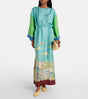 Aurohaya Unique Graphic Print Satin Lace-up Maxi Dress Green