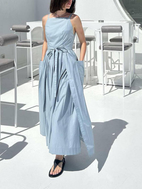 Aurohaya Unique Side Slit Lace-Up Pocket Vest Dress