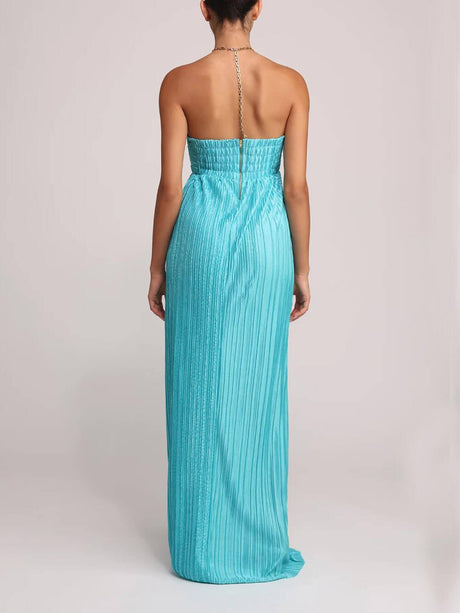 Aurohaya Elegant Pleated Halter Off-the-Shoulder Slit Maxi Dress