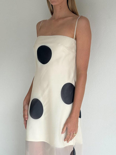 Aurohaya Elegant Mesh Stitching Polka Dot Print Off-Shoulder Suspender Maxi Dress