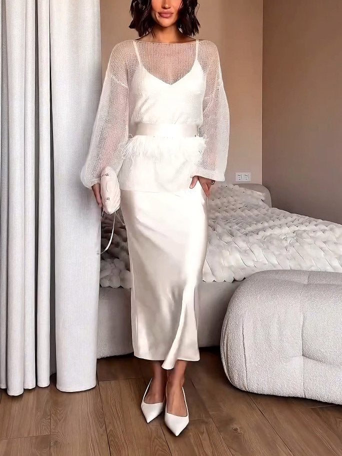 Elegant Thin Feather Trim Belted Sweater