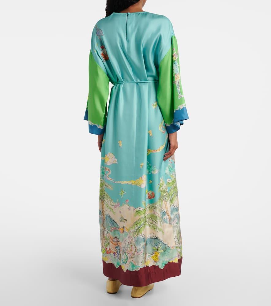 Aurohaya Unique Graphic Print Satin Lace-up Maxi Dress