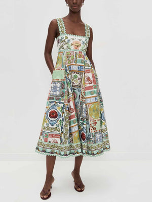 Aurohaya Elegant Square Neck Printed A-Line Midi Dress Green