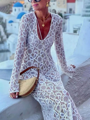 Aurohaya Summer Casual Lace Hook Flower Slit See-Through Holiday Lace Maxi Dress