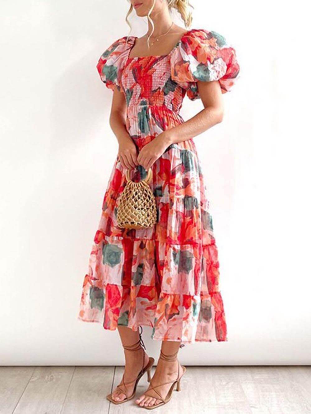 Aurohaya Floral Printed Smocked Tiered Fit Flare Midi Dress