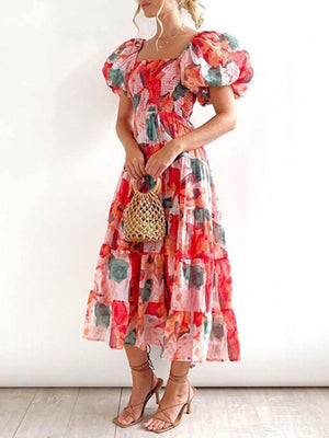 Aurohaya Floral Printed Smocked Tiered Fit Flare Midi Dress