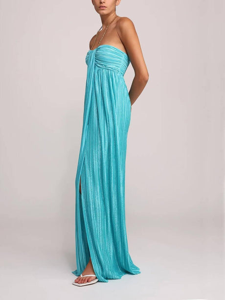 Aurohaya Elegant Pleated Halter Off-the-Shoulder Slit Maxi Dress