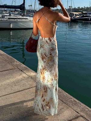 Aurohaya Sexy Abstract Floral Print V-Neck Slit Maxi Dress