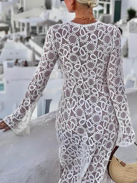 Aurohaya Summer Casual Lace Hook Flower Slit See-Through Holiday Lace Maxi Dress