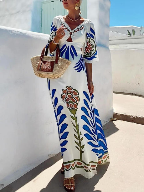 Aurohaya Elegant Floral Print Satin Flared Sleeve Maxi Dress