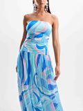 Exquisite Abstract Print Strapless Pleated Maxi Dress