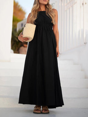 Aurohaya Casual Open Back Drawstring Elastic Waist Maxi Dress