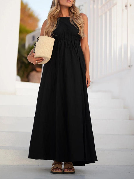Aurohaya Casual Open Back Drawstring Elastic Waist Maxi Dress