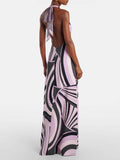 Exquisite Satin Print Halter Backless Maxi Dress