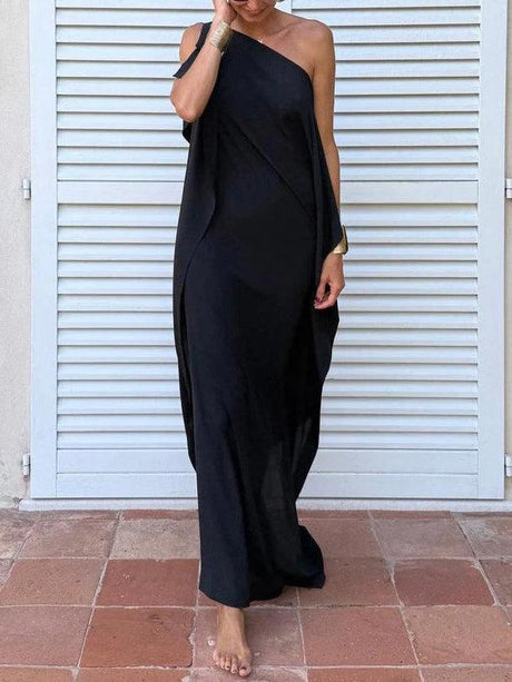 Aurohaya Elegant One-Shoulder Draped Maxi Dress