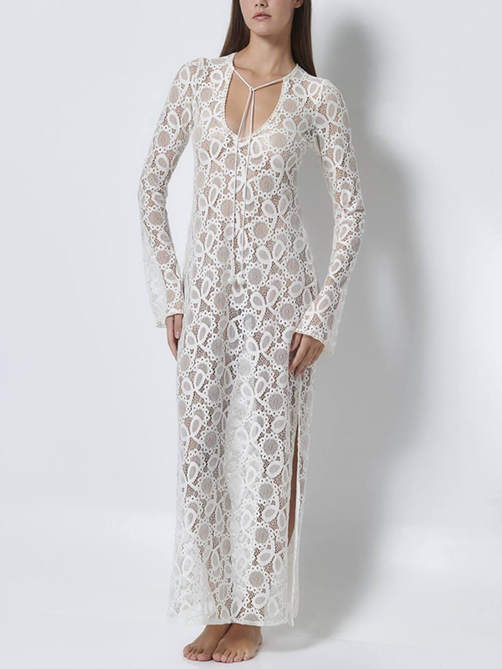 Aurohaya Summer Casual Lace Hook Flower Slit See-Through Holiday Lace Maxi Dress