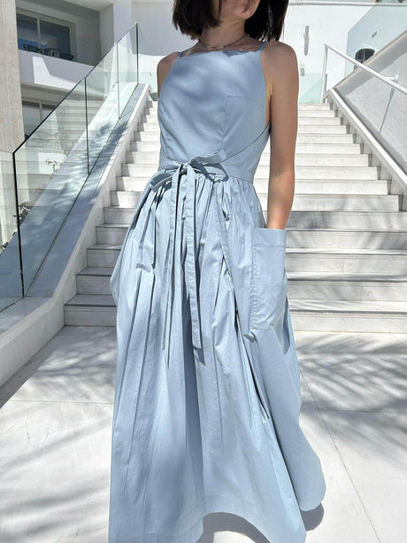 Aurohaya Unique Side Slit Lace-Up Pocket Vest Dress Blue