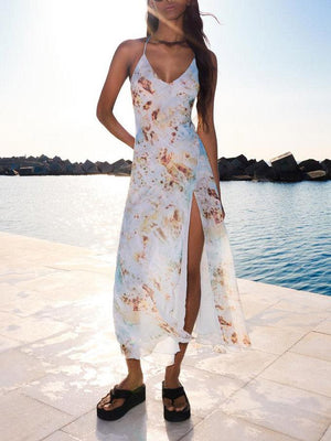 Aurohaya Sexy Abstract Floral Print V-Neck Slit Maxi Dress
