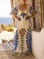 Aurohaya Elegant Floral Print Satin Flared Sleeve Maxi Dress Off-White