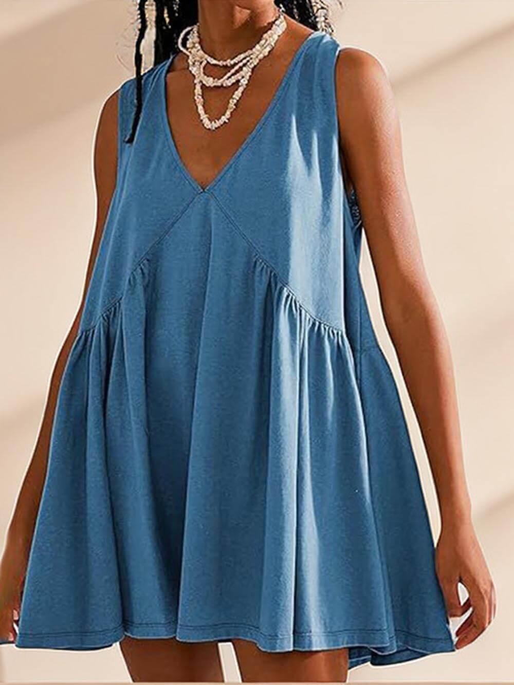 Aurohaya Deep V Wide Strap Mini Tank Dress Blue